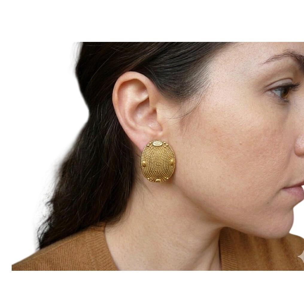 Lanvin Vintage Gold Tone Textured Stippled Oval Domed Clip On Earrings France 55$